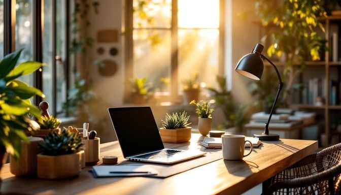 Lugn arbetsplats med laptop, växter, kaffekopp och varmt morgonljus
